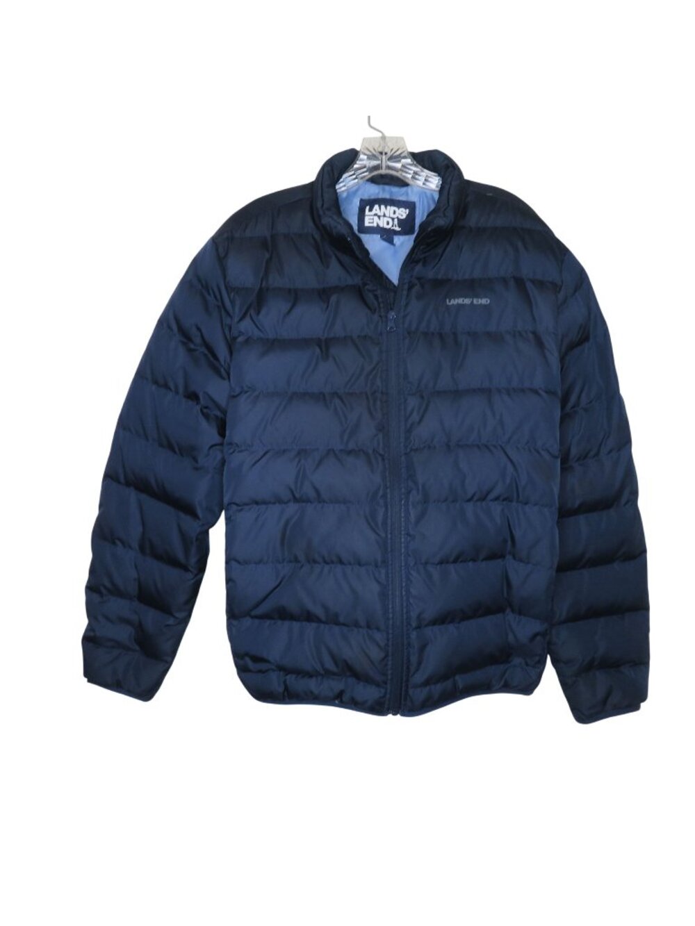 Lands End Mens Navy Blue Puffer Coat M 38-40 Down Feather Insulation Zip Closure